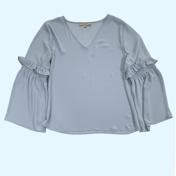 LOFT Tops - LOFT Light Blue V-Neck Ruffle Bell Sleeve Blouse Top Womens Large L w526